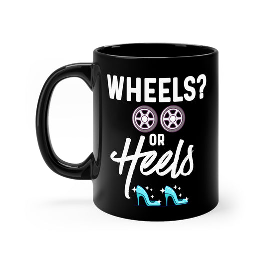 Wheels or Heels Gender Reveal Black mug 11oz