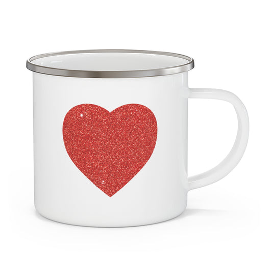 Red Glitter Effect Heart Valentines Day Men Women Enamel Camping Mug