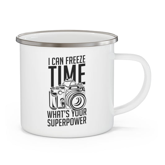 Novelty What's Your Superpower Cameraman Photography Enamel Camping Mug