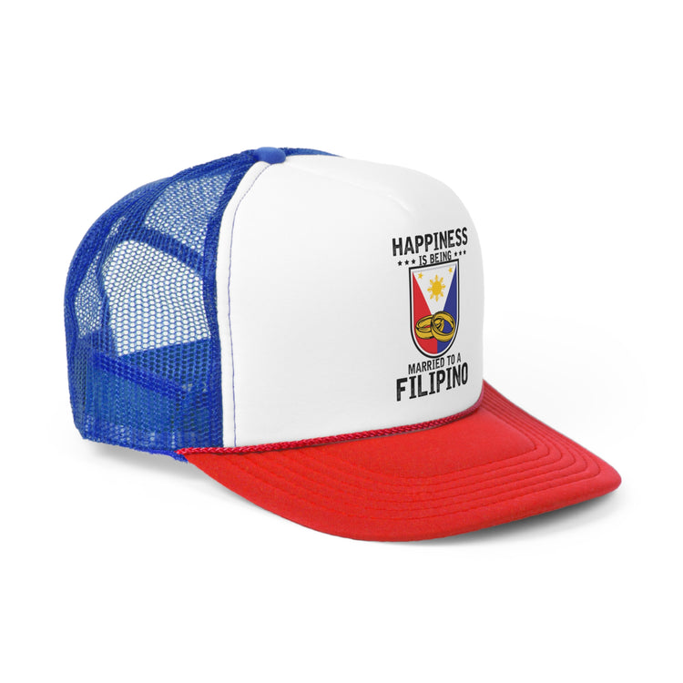 Humorous Happiness Is Married To Filipino Marriage Nationalistic Philippines Flag Trucker Caps