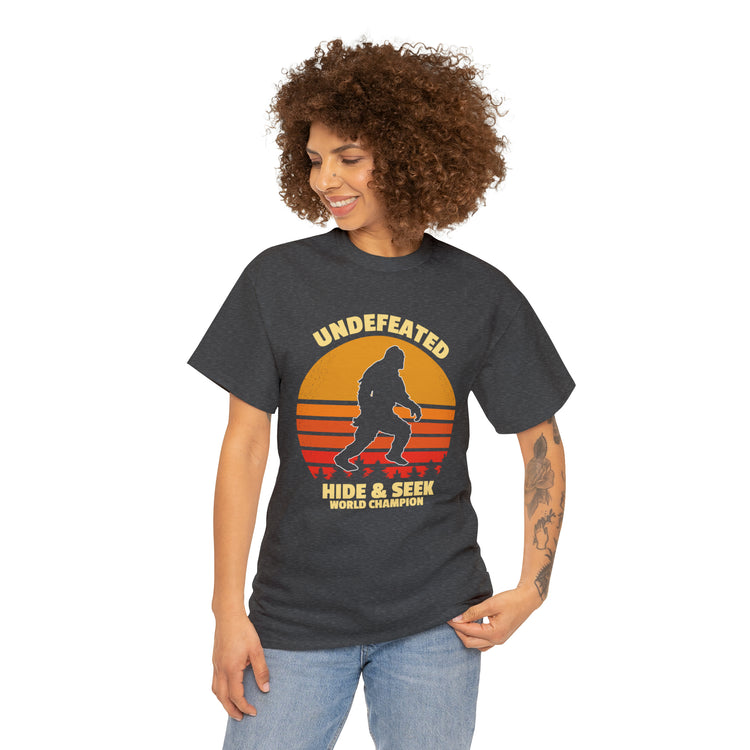 Shirt Funny Hide and Seek World Champion Bigfoot Cryptozoology T-Shirt Unisex Heavy Cotton Tee