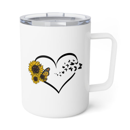 Hilarious Sunflower Heart Butterflies Bohemian Enthusiast Insulated Coffee Mug, 10oz