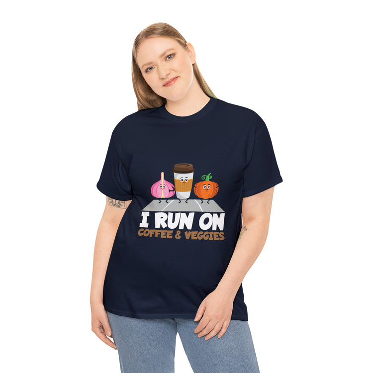 Shirt Funny Run On Coffee And Veggies Energy Caffeinated Organic Gourmet Vegetarian T-Shirt Unisex Heavy Cotton Tee