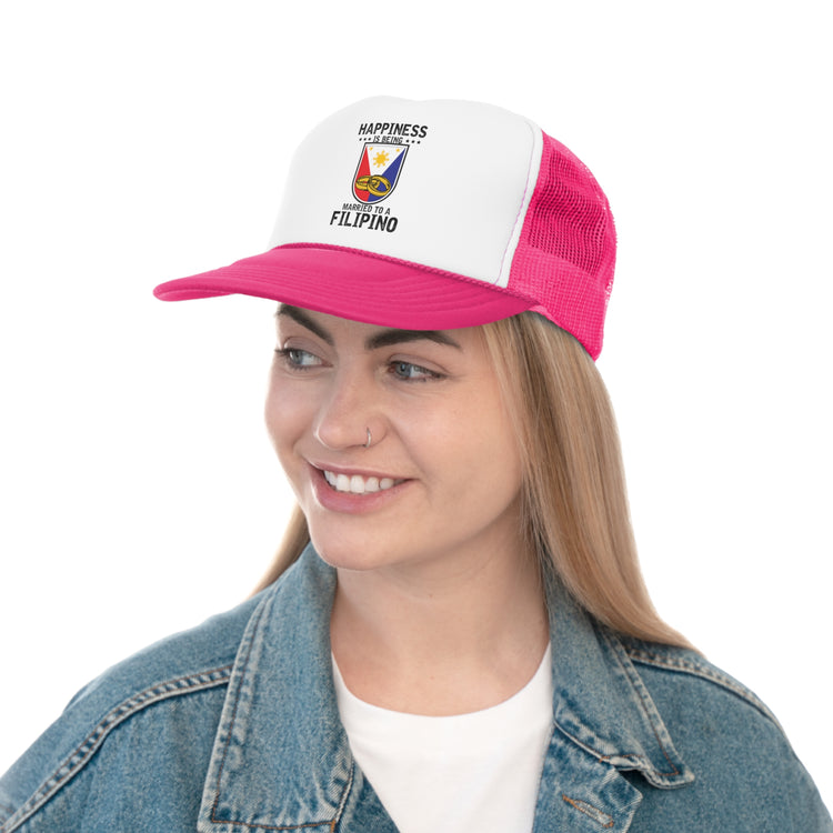 Humorous Happiness Is Married To Filipino Marriage Nationalistic Philippines Flag Trucker Caps