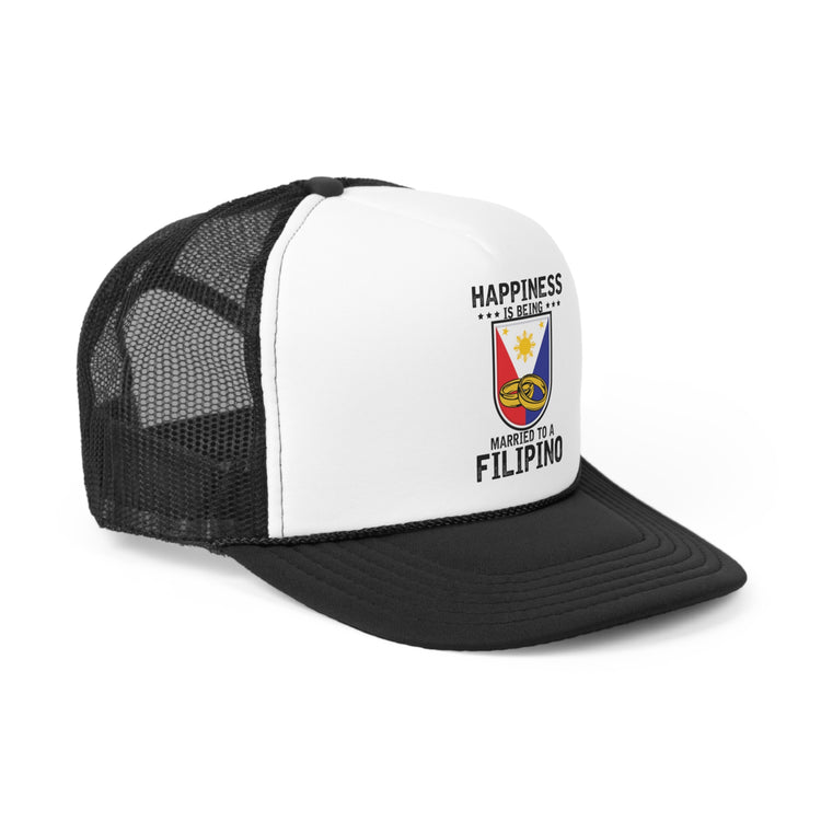 Humorous Happiness Is Married To Filipino Marriage Nationalistic Philippines Flag Trucker Caps