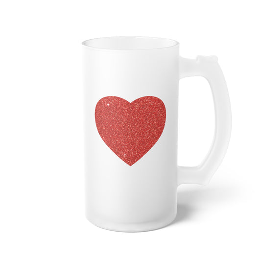 Red Glitter Effect Heart Valentines Day Men Women Frosted Glass Beer Mug
