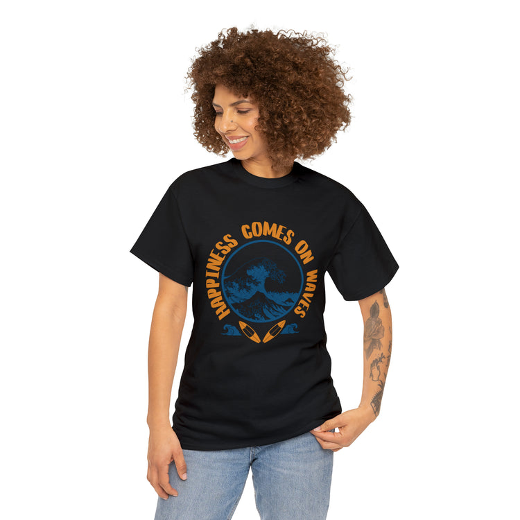 Shirt Funny Happiness Comes On Waves Tropical Vacation Surfing Sun T-Shirt Unisex Heavy Cotton Tee