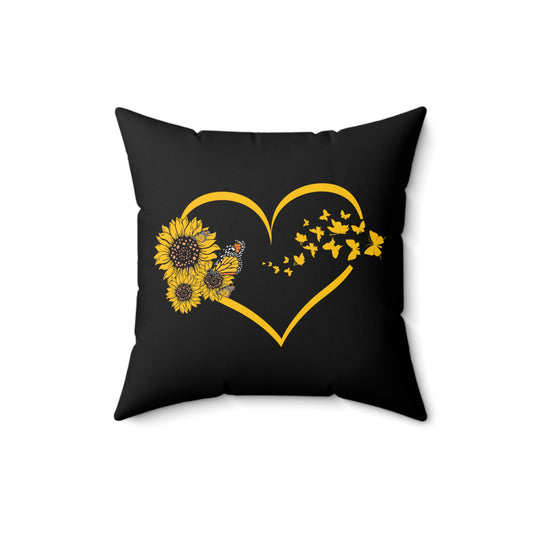 Hilarious Sunflower Heart Butterflies Bohemian Hippy Biodiversity Spun Polyester Square Pillow