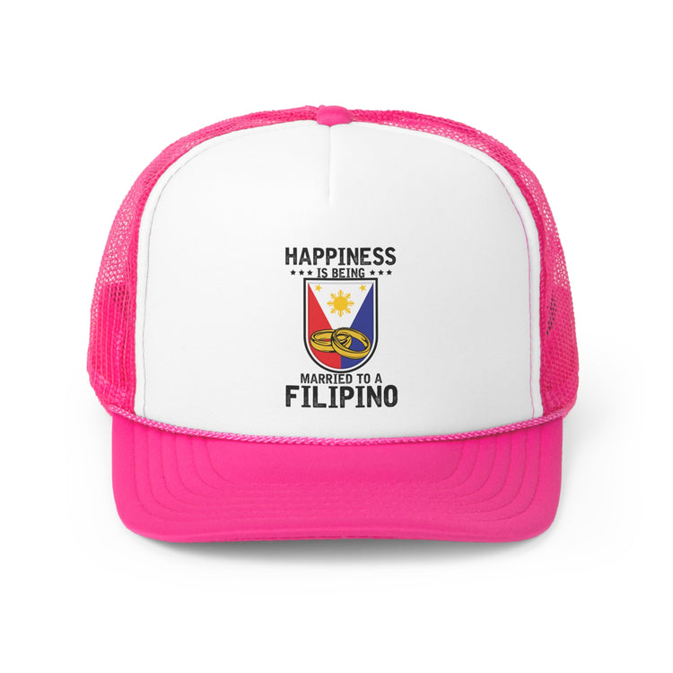 Humorous Happiness Is Married To Filipino Marriage Nationalistic Philippines Flag Trucker Caps