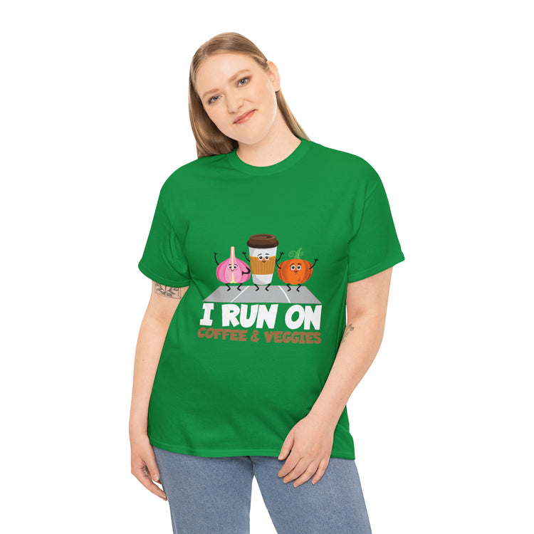 Shirt Funny Run On Coffee And Veggies Energy Caffeinated Organic Gourmet Vegetarian T-Shirt Unisex Heavy Cotton Tee