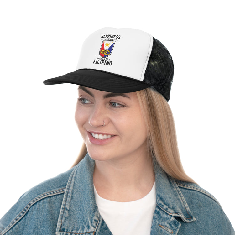 Humorous Happiness Is Married To Filipino Marriage Nationalistic Philippines Flag Trucker Caps