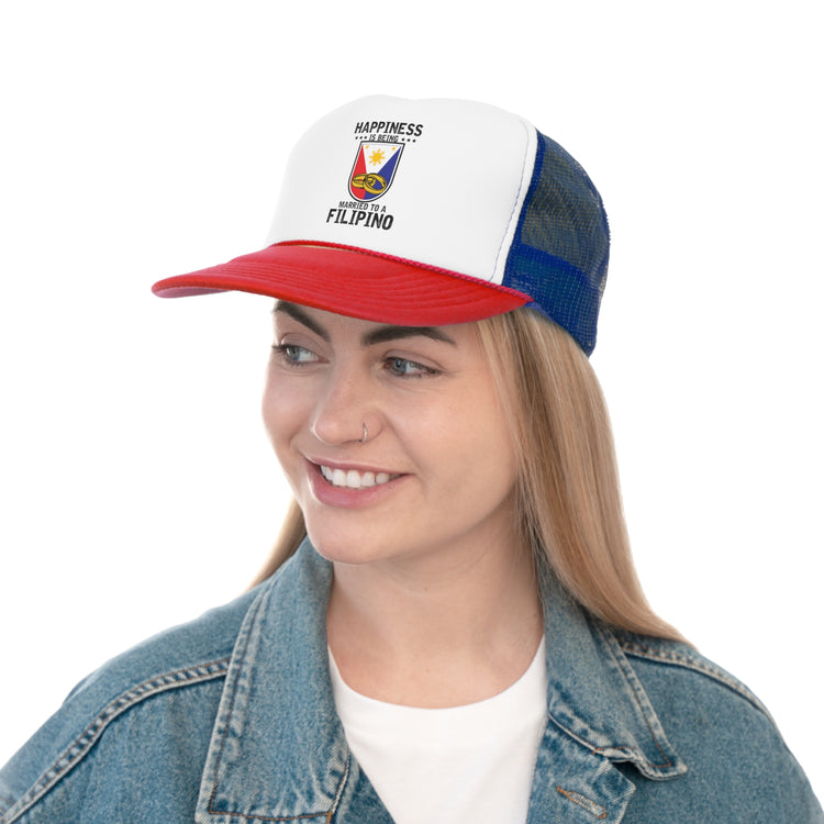 Humorous Happiness Is Married To Filipino Marriage Nationalistic Philippines Flag Trucker Caps