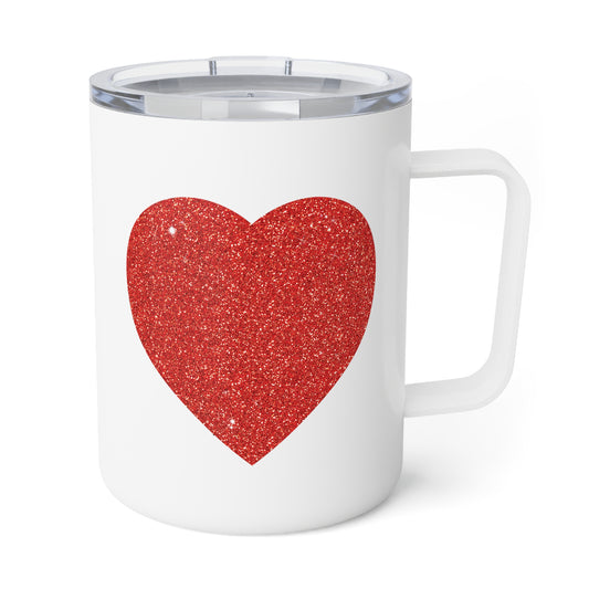 Red Glitter Effect Heart Valentines Day Men Women Insulated Coffee Mug, 10oz