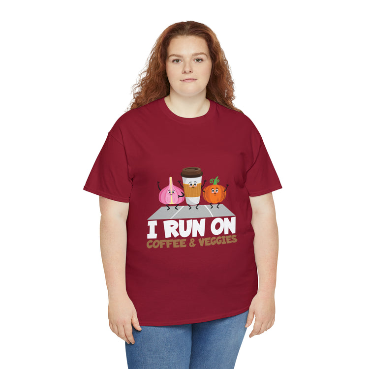 Shirt Funny Run On Coffee And Veggies Energy Caffeinated Organic Gourmet Vegetarian T-Shirt Unisex Heavy Cotton Tee