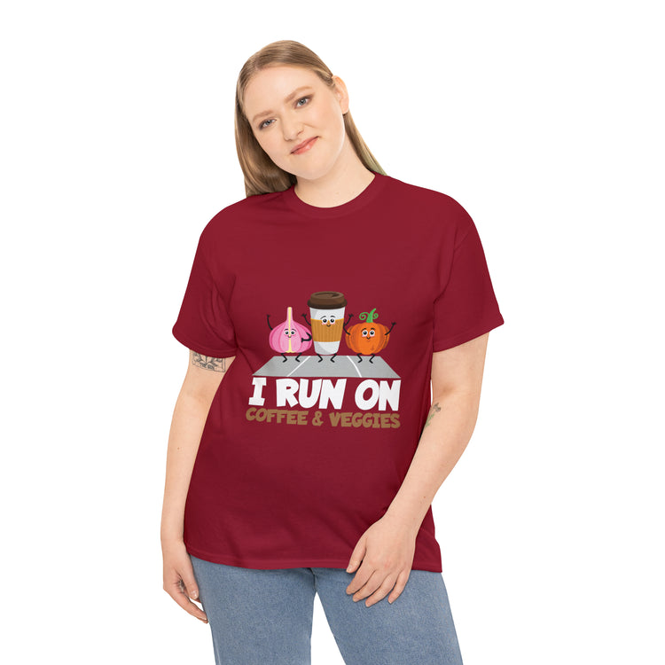 Shirt Funny Run On Coffee And Veggies Energy Caffeinated Organic Gourmet Vegetarian T-Shirt Unisex Heavy Cotton Tee