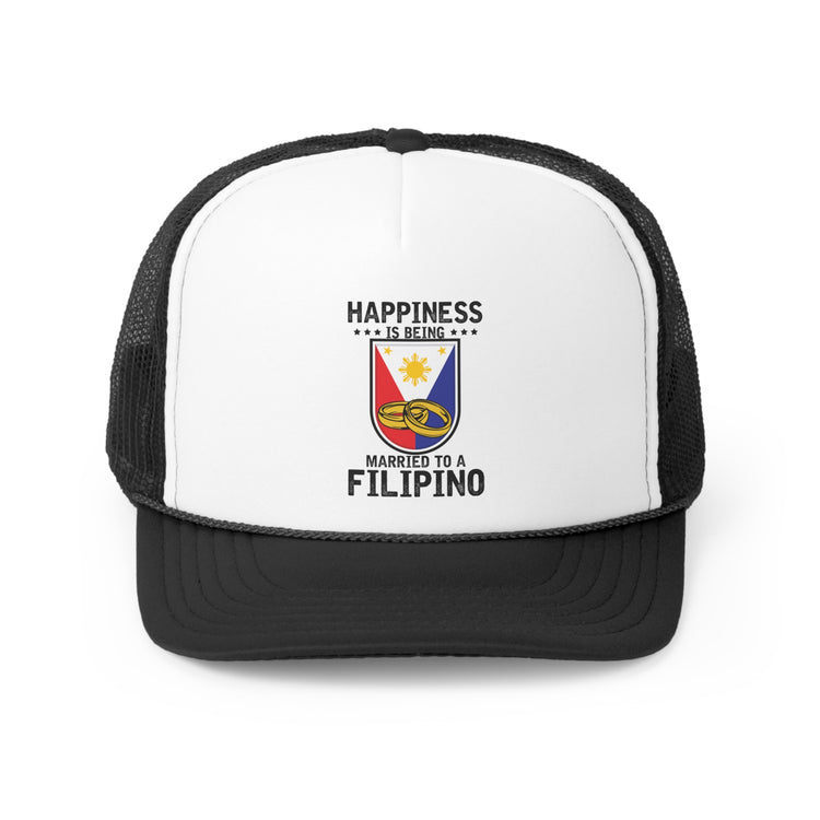 Humorous Happiness Is Married To Filipino Marriage Nationalistic Philippines Flag Trucker Caps