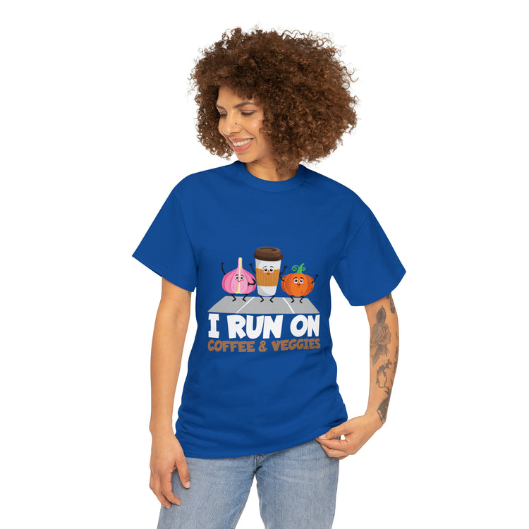 Shirt Funny Run On Coffee And Veggies Energy Caffeinated Organic Gourmet Vegetarian T-Shirt Unisex Heavy Cotton Tee