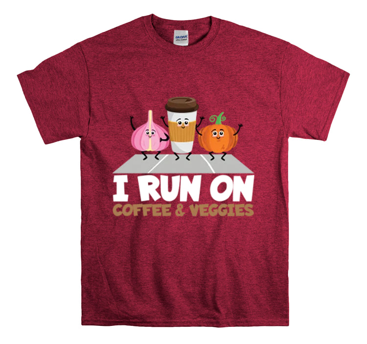 Shirt Funny Run On Coffee And Veggies Energy Caffeinated Organic Gourmet Vegetarian T-Shirt Unisex Heavy Cotton Tee