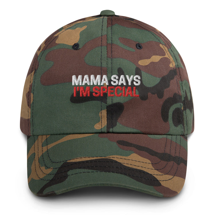 Snapback hat Mama says I'm special Unique cap Stylish headwear Special saying Trendy headgear Embroidered design Personalized accessory Fashionable statement Gift for son Novelty item Adjustable fit Distinctive embroidery Son-inspired