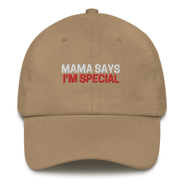 Snapback hat Mama says I'm special Unique cap Stylish headwear Special saying Trendy headgear Embroidered design Personalized accessory Fashionable statement Gift for son Novelty item Adjustable fit Distinctive embroidery Son-inspired