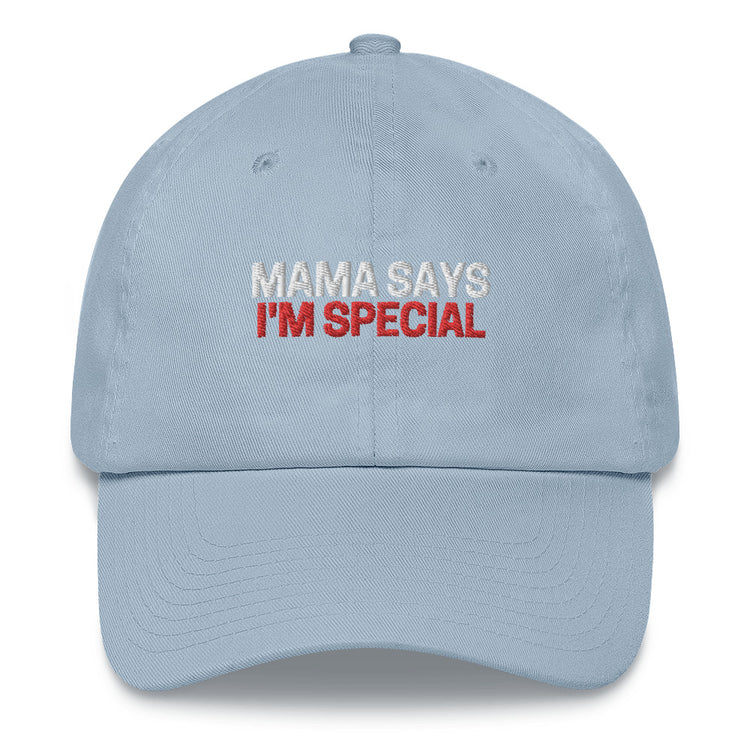 Snapback hat Mama says I'm special Unique cap Stylish headwear Special saying Trendy headgear Embroidered design Personalized accessory Fashionable statement Gift for son Novelty item Adjustable fit Distinctive embroidery Son-inspired