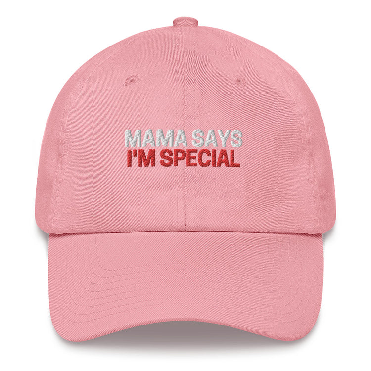 Snapback hat Mama says I'm special Unique cap Stylish headwear Special saying Trendy headgear Embroidered design Personalized accessory Fashionable statement Gift for son Novelty item Adjustable fit Distinctive embroidery Son-inspired