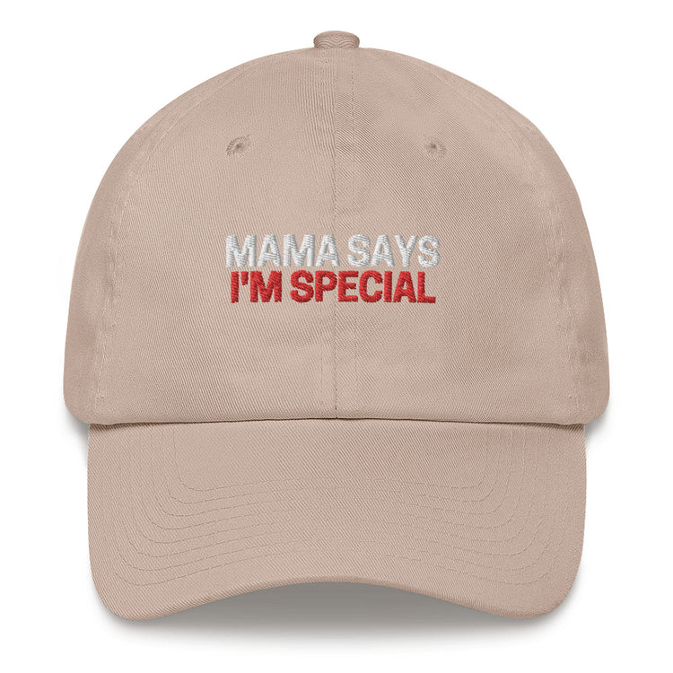 Snapback hat Mama says I'm special Unique cap Stylish headwear Special saying Trendy headgear Embroidered design Personalized accessory Fashionable statement Gift for son Novelty item Adjustable fit Distinctive embroidery Son-inspired