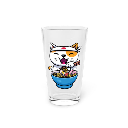 Beer Glass Pint 16oz  Humorous Anime Ramen Cat Illustration