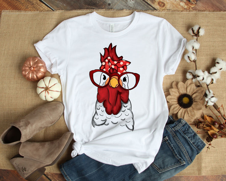 Rooster Hen Chicken Bandana and Glasses Chicken Lady Farmer TShirt - Teegarb