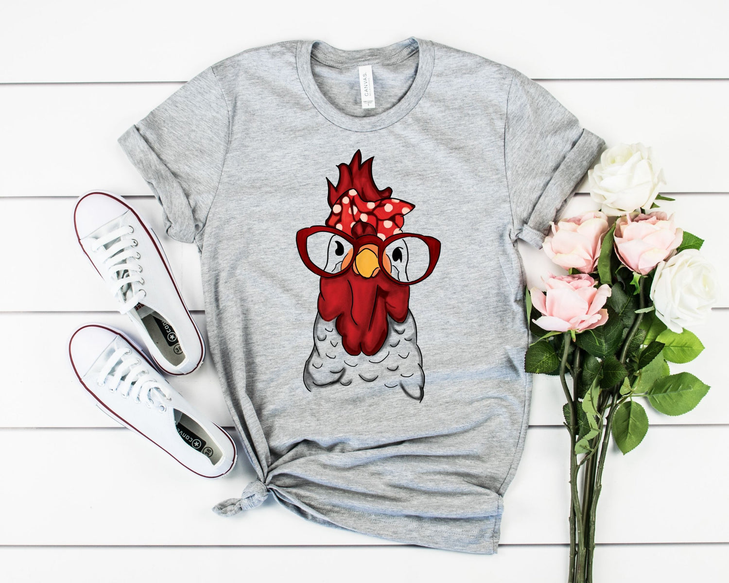 Rooster Hen Chicken Bandana and Glasses Chicken Lady Farmer TShirt - Teegarb