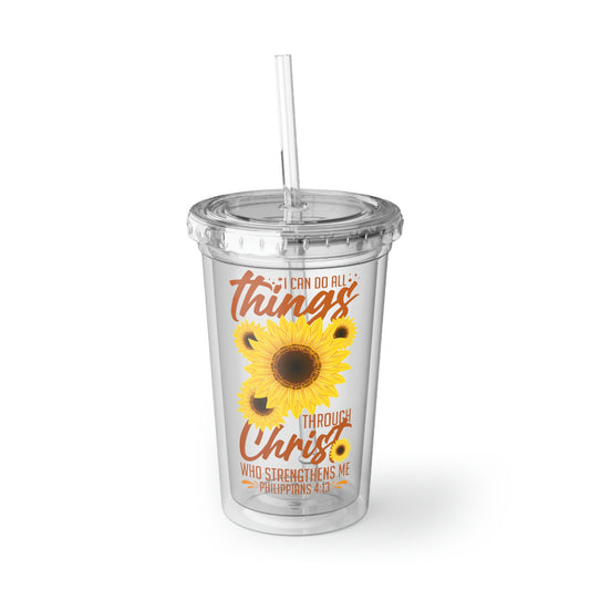 16oz Plastic Cup Inspirational Christianity Sunflowers Philippians Catholic Religious Uplifting Scriptures Saying