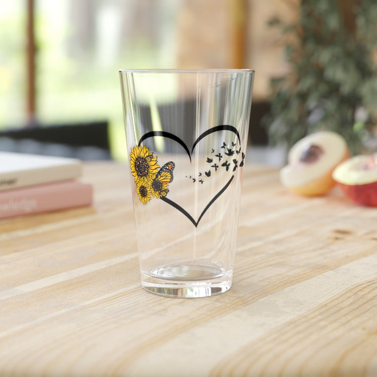 Beer Glass Pint 16oz  Hilarious Sunflower Heart Butterflies Bohemian Enthusiast Humorous Hippy Flower