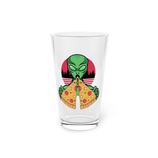 Beer Glass Pint 16oz  Humorous Extraterrestrial Eating Pizza Funny Spooky Aliens Novelty Extraneous