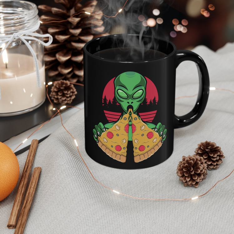 11oz Black Coffee Mug Ceramic  Humorous Extraterrestrial Eating Pizza Funny Spooky Aliens Novelty Extraneous Extrinsic Creatures Enthusiast