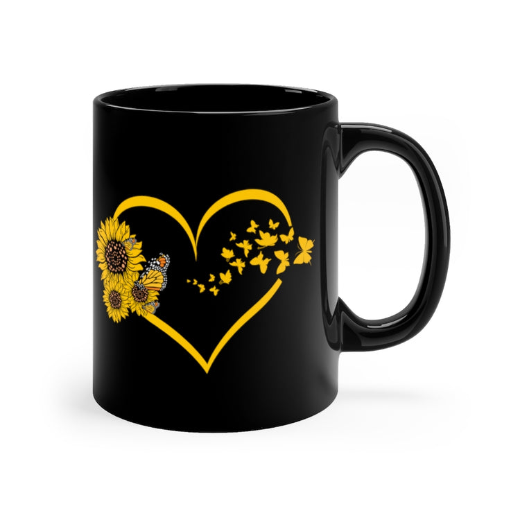 11oz Black Coffee Mug Ceramic   Hilarious Sunflower Heart Butterflies Bohemian Enthusiast Humorous Hippy Flower Environment Biodiversity