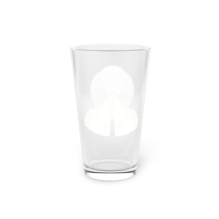 Beer Glass Pint 16oz  Humorous Extraterrestrial Eating Pizza Funny Spooky Aliens Novelty Extraneous
