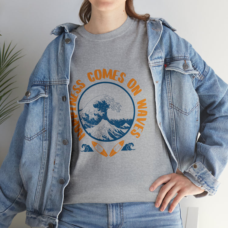 Shirt Happiness Comes On Waves Tropical Vacation Summer Beach Coastal Graphic T-Shirt Gift Unisex Heavy Cotton Tee