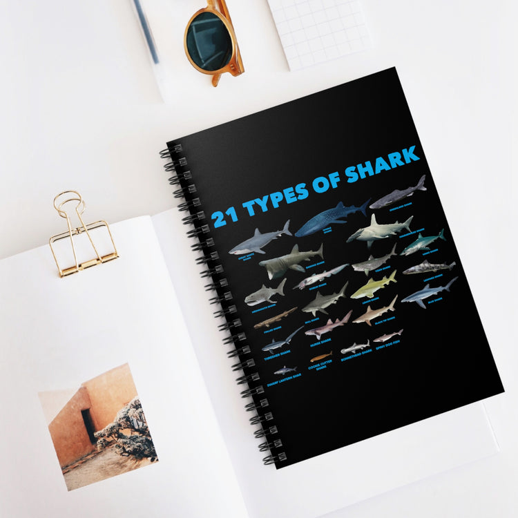 21 Types Of Shark Environmentalists Graphic Tee Shirt Gift | Cute Sea Species Illustration Men Women T Shirt Spiral Notebook - Ruled Line