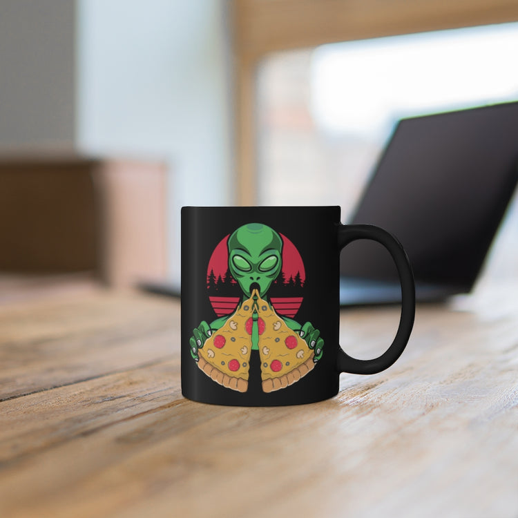 11oz Black Coffee Mug Ceramic  Humorous Extraterrestrial Eating Pizza Funny Spooky Aliens Novelty Extraneous Extrinsic Creatures Enthusiast