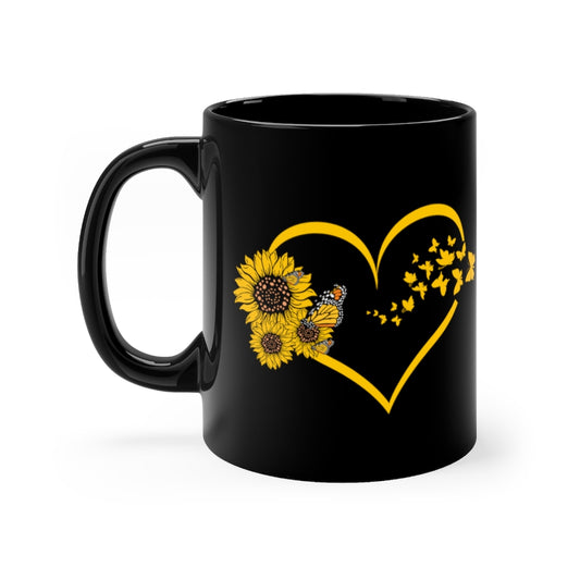 11oz Black Coffee Mug Ceramic   Hilarious Sunflower Heart Butterflies Bohemian Enthusiast Humorous Hippy Flower Environment Biodiversity