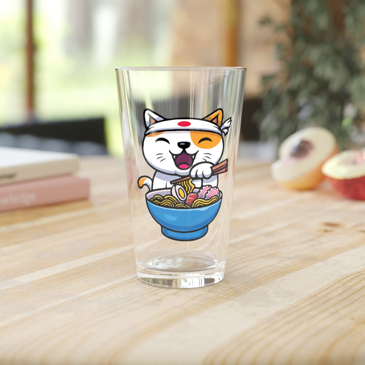 Beer Glass Pint 16oz  Humorous Anime Ramen Cat Illustration
