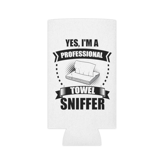 Beer Can Cooler Sleeve  Funny I'm a Professional Towel Sniffer Snif Test Enthusiasts Humorous Scent