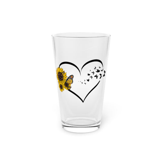 Beer Glass Pint 16oz  Hilarious Sunflower Heart Butterflies Bohemian Enthusiast Humorous Hippy Flower