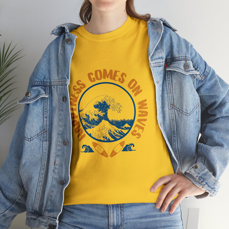 Shirt Happiness Comes On Waves Tropical Vacation Summer Beach Coastal Graphic T-Shirt Gift Unisex Heavy Cotton Tee