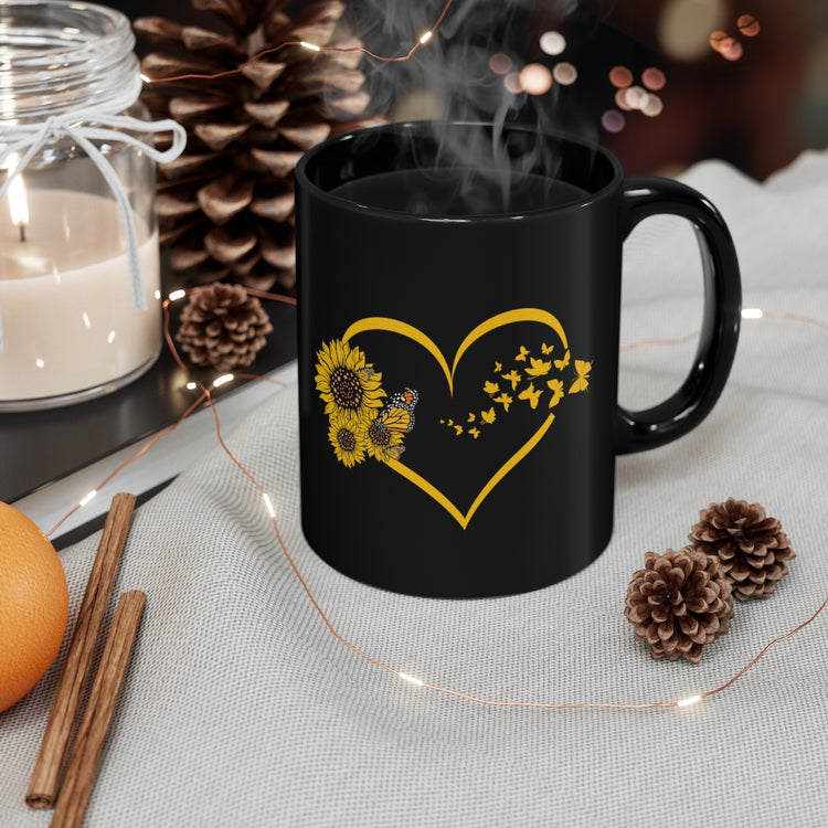 11oz Black Coffee Mug Ceramic   Hilarious Sunflower Heart Butterflies Bohemian Enthusiast Humorous Hippy Flower Environment Biodiversity