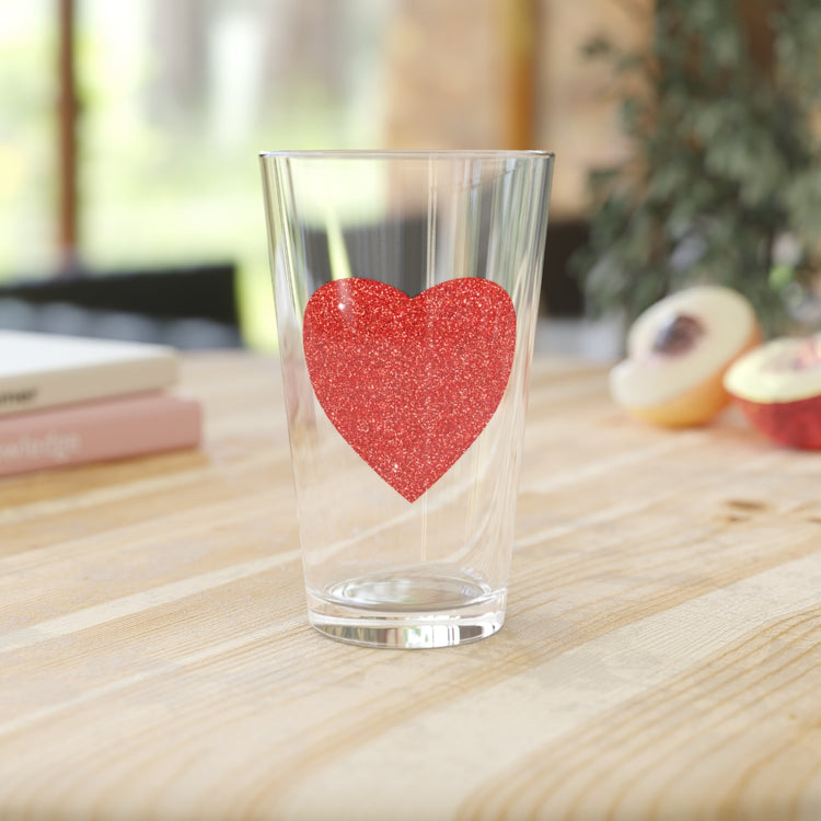 Beer Glass Pint 16oz  Red Glitter Effect Heart Valentines Day