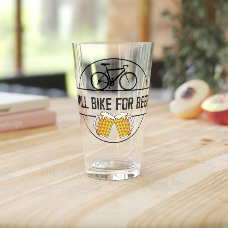 Beer Glass Pint 16oz Novelty Will Bike For Beer Fixie Wheels Pedals Enthusiast