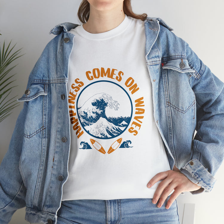 Shirt Happiness Comes On Waves Tropical Vacation Summer Beach Coastal Graphic T-Shirt Gift Unisex Heavy Cotton Tee