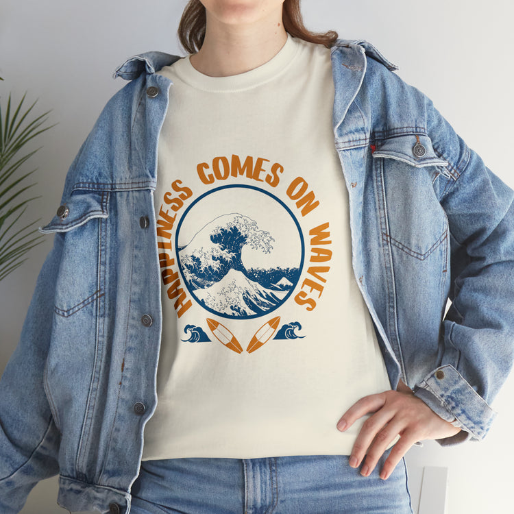 Shirt Happiness Comes On Waves Tropical Vacation Summer Beach Coastal Graphic T-Shirt Gift Unisex Heavy Cotton Tee