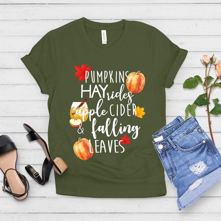 Pumpkins Hayrides Cider Falling Leaves Thanksgiving Shirt